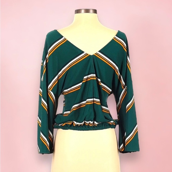 Express One Eleven Green Stripe Wide Sleeve Banded Bottom Top - Picture 3 of 8
